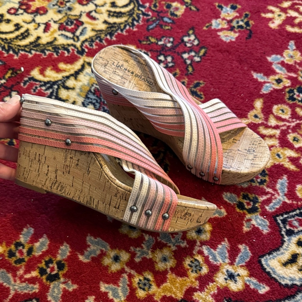 LUCKY BRAND Women's Mykayla Striped Wedge Sandals - Pink and Tan size 7.5